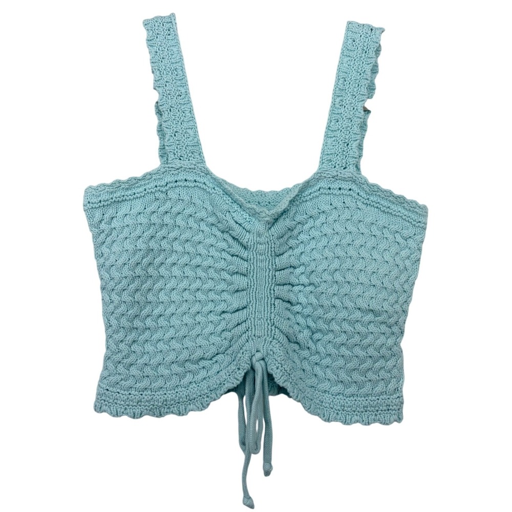 Hollister Size Small Knit Tank Crop Top Light Blue Cinched Front Textured Cotton